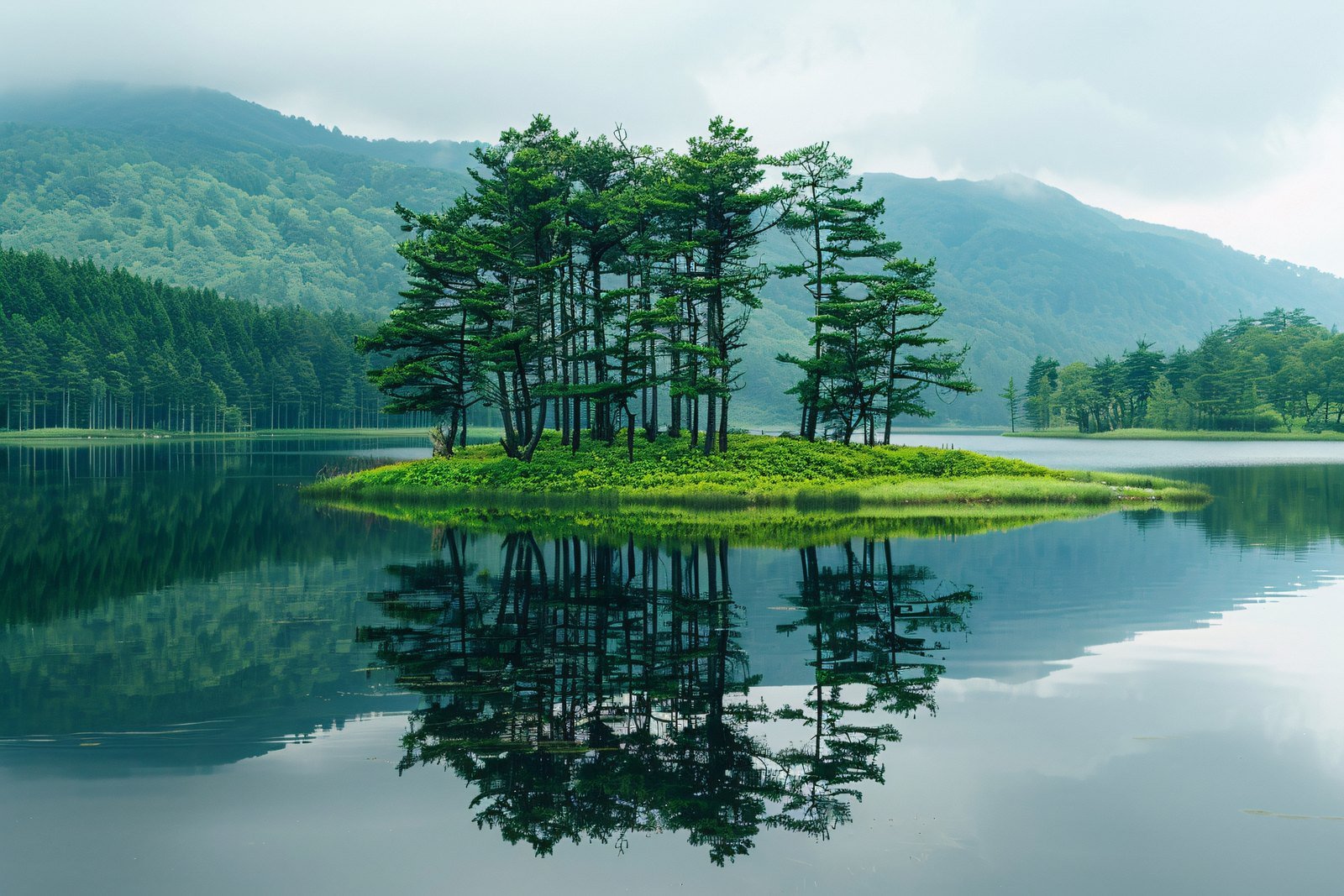 Island of pine trees reflected in a still mountain lake — clean water