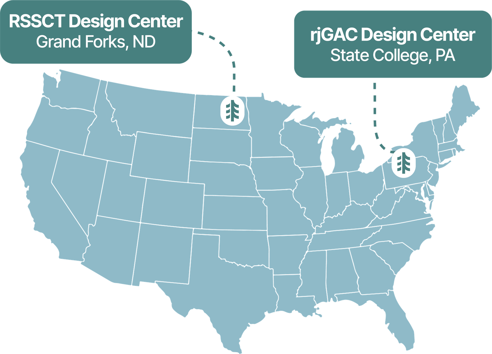 Map of Birchtech design center locations across the U.S.