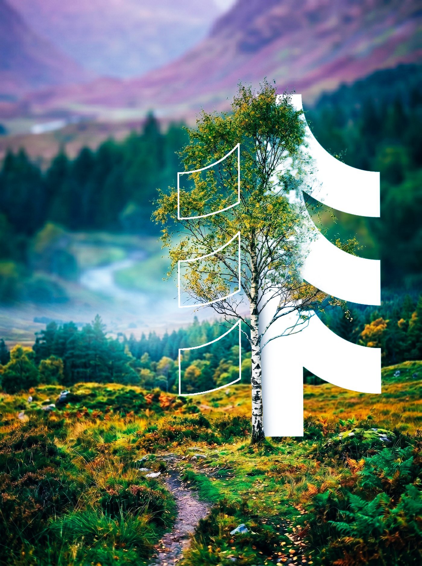 Birch tree in a highland valley with the Birchtech mark